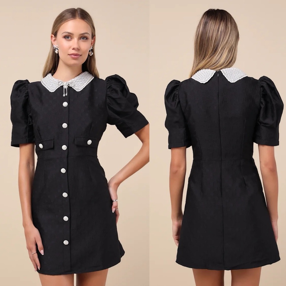 Sister Jane Black Jacquard Bead Peter-Pan Collar Puff Sleeve Mini Dress 🌿 - Picture 6 of 10